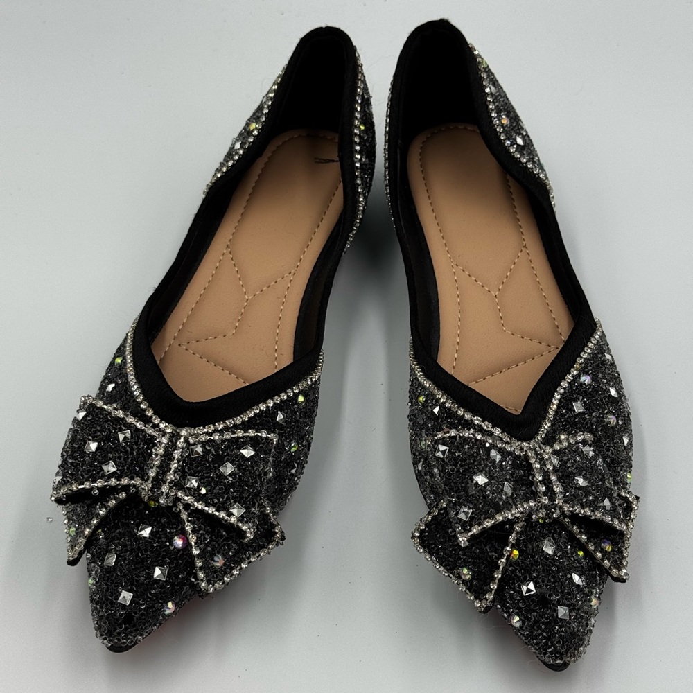Black Rhinestone Bow Flats – Women’s Size 9, Elegant Sparkle Shoes - Picture 5 of 5